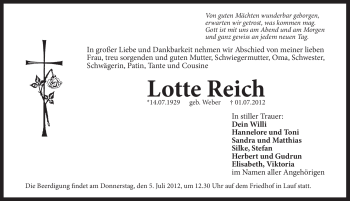 Traueranzeige von Lotte Reich von Pegnitz-Zeitung